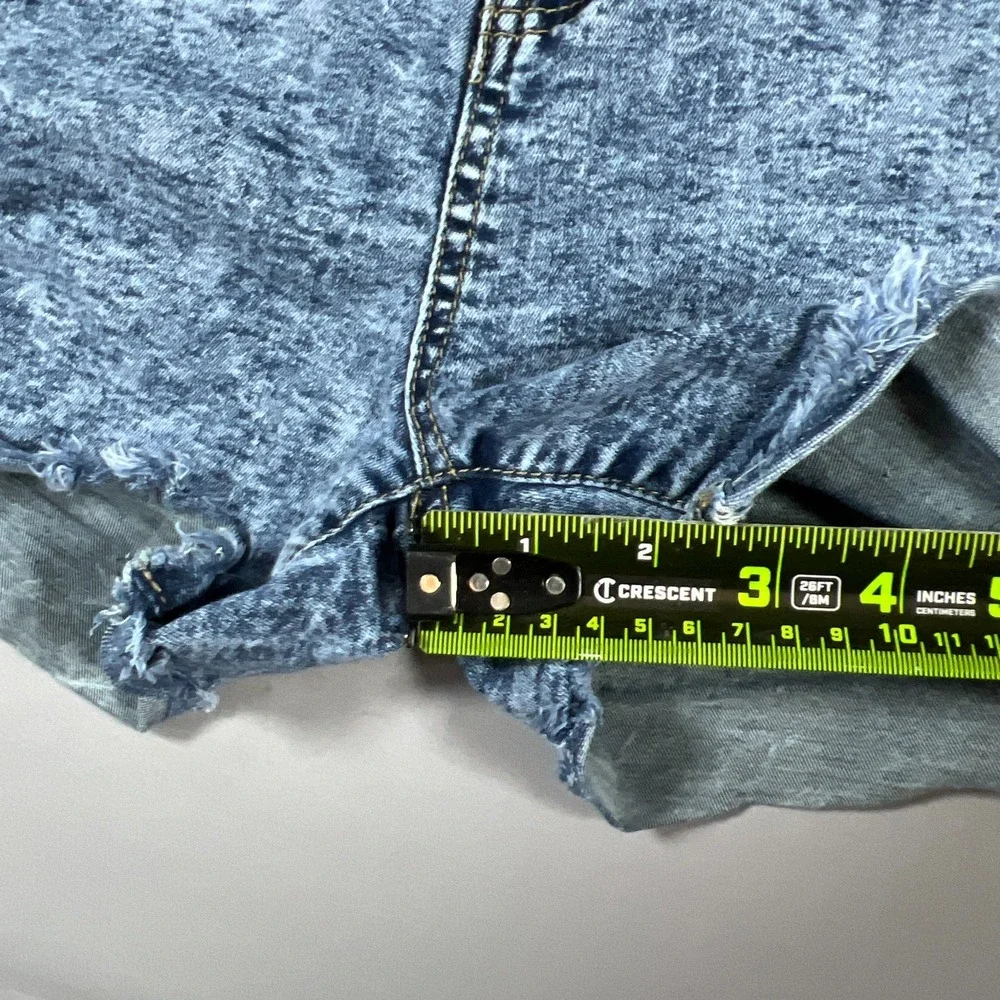 Bamboo Denim Cut Off Shorts Women 13-14 Blue Cotton Floral Embroidered Acid Wash